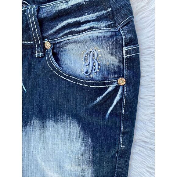 Y2K Vintage Blue Queen SZ 3/4 Dark Wash Factory Faded Bling Jeans - Picture 4 of 12